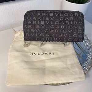 Like New BVLGARI Black Denim Zip Around Wallet